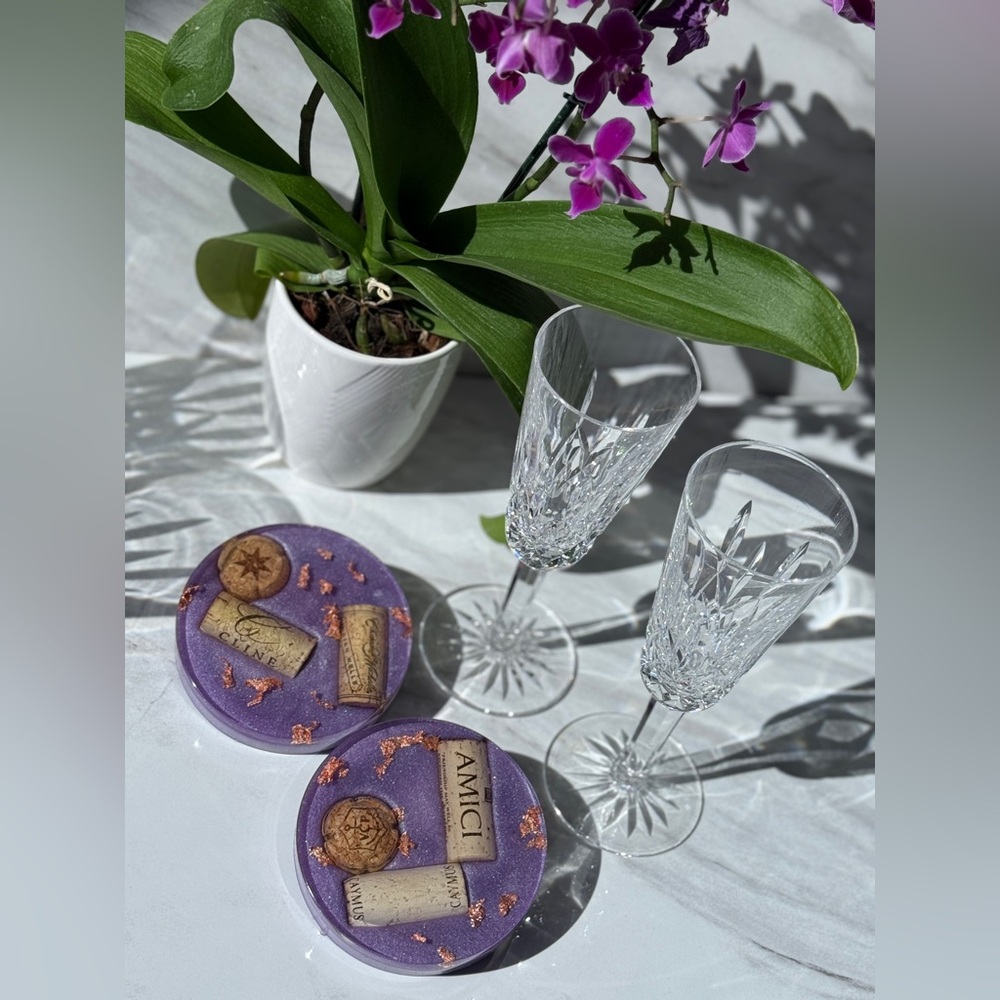 Luxury handmade Purple Resin Coasters with Cork Accents and rose gold leaf.